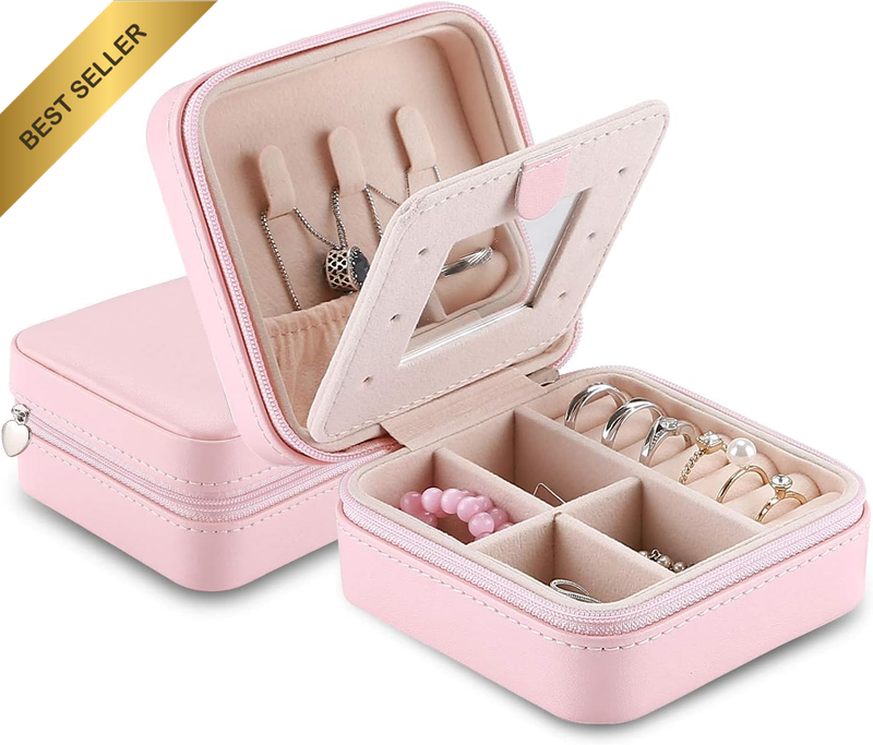 Mini Travel Jewelry Organizer Box with Zipper Mirror Pink