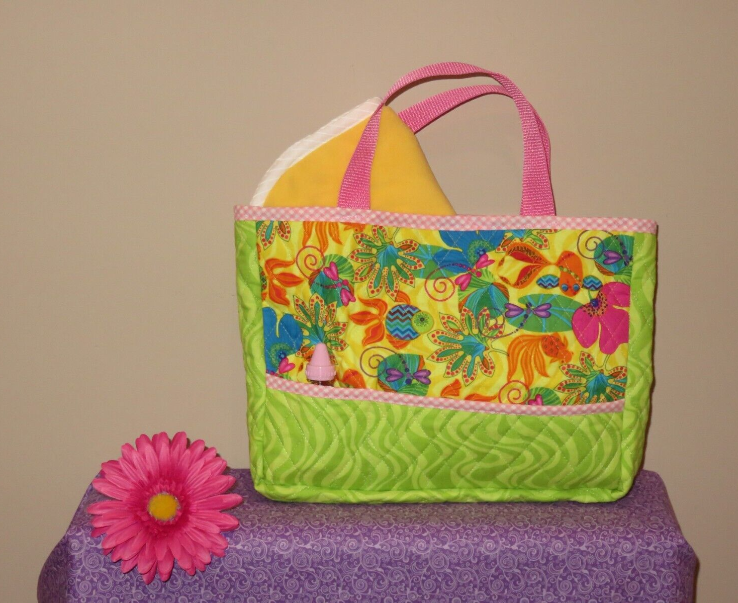 Handmade Quilted Doll Diaper Bag Tote w/ Blanket AG ~ Bitty Baby - Tropical
