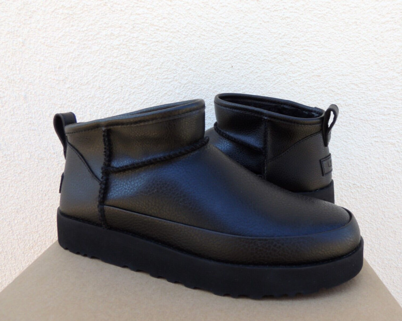 UGG CARBON NEUTRAL BLACK CLASSIC SUGAR ULTRA MINI ANKLE BOOTS,