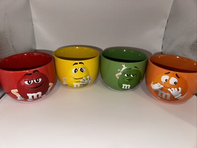4 Collectible M&M Ceramic Bowls Candy Dishes Red Orange Green Yellow Mars 2020 