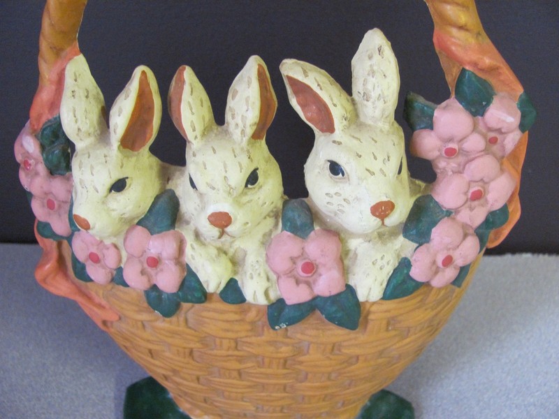 Cast Iron 3 Bunny Rabbits In Basket Doorstop, Vibrant Colors