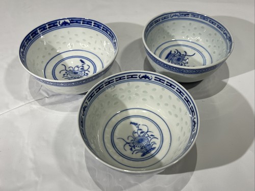 Antique Blue & White Rice Pattern Bowl Set of Three (3) | eBay
