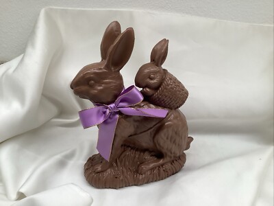 Resin faux chocolate bunny figure with purple ribbon tabletop Easter decoration