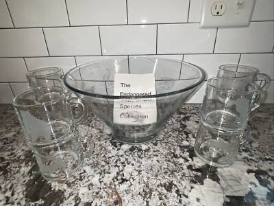 Vtg Set Georg Jensen Endangered Species Collection Glass Bowl Cup Etched Animals
