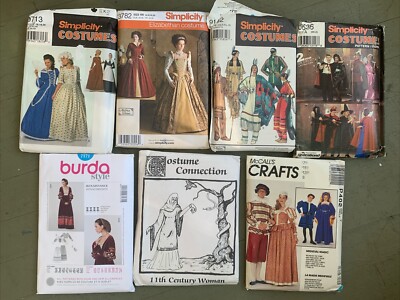 LOT of 7 Costume Patterns UNCUT, varying sizes Medieval Renaissance Native Amer