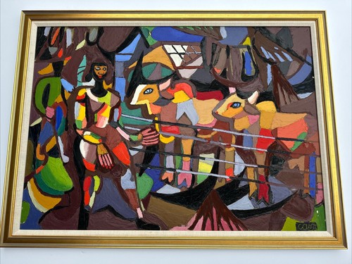 Jo Cain PAINTING ABSTRACT CUBISM WPA ARTIST FAMOUS REGIONALISM FARM MID CENTURY