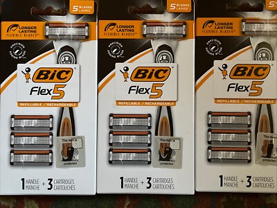 Lot of 3 Bic Hybrid Flex 5 Titanium - 1 Handle & 3 Cartridges Each