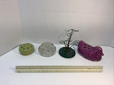 Vintage Flower Frogs Various colors, glass , Metal, ceramic Bird Lot of 4