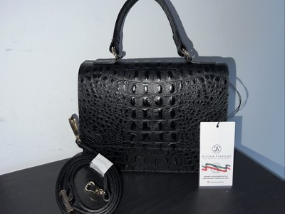 Italy Divina Firenze Embossed Leather Handle Structured Crossbody Bag Alligator