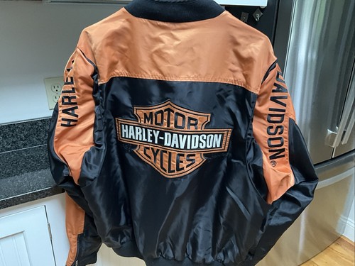 Harley Davidson Jacket Large Orange Black Shield logo Nylon