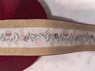 4 yards tan burgundy rose olive Victorian woven sewing trim 2  wide