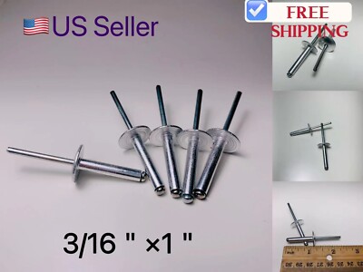 100pc POP RIVETS LARGE FLANGE 3/16'' x 1'' ALUMINUM HEAD STEEL MANDREL RIVET US