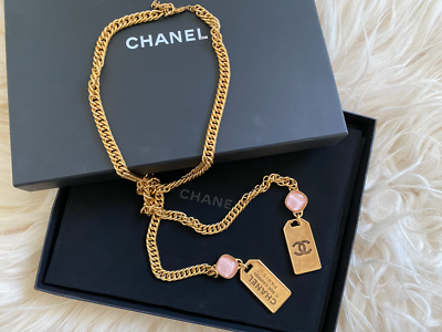 Chanel 2020 Collection Cambon Dog Tag Gold Chain Pink Glass Long Necklace