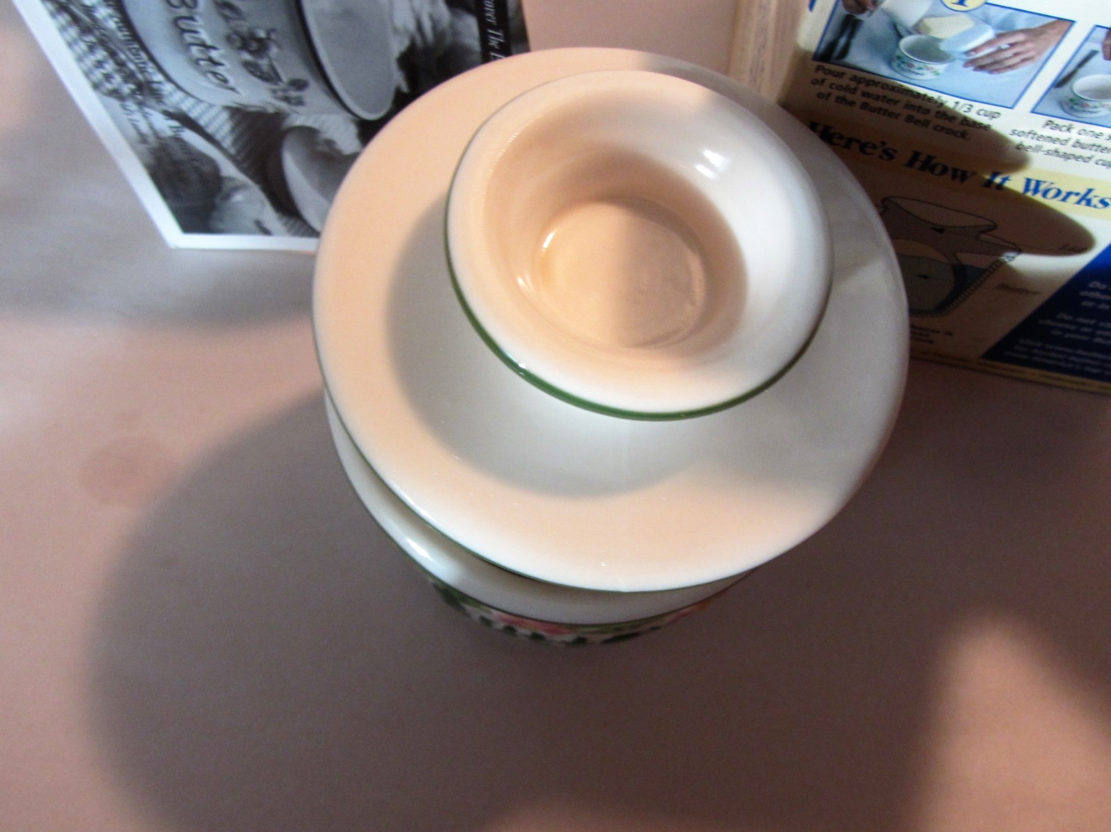 Butter Bell Pot Keeper Crock L. Tremain 2000 Beurre Vintage Green Pink NIB