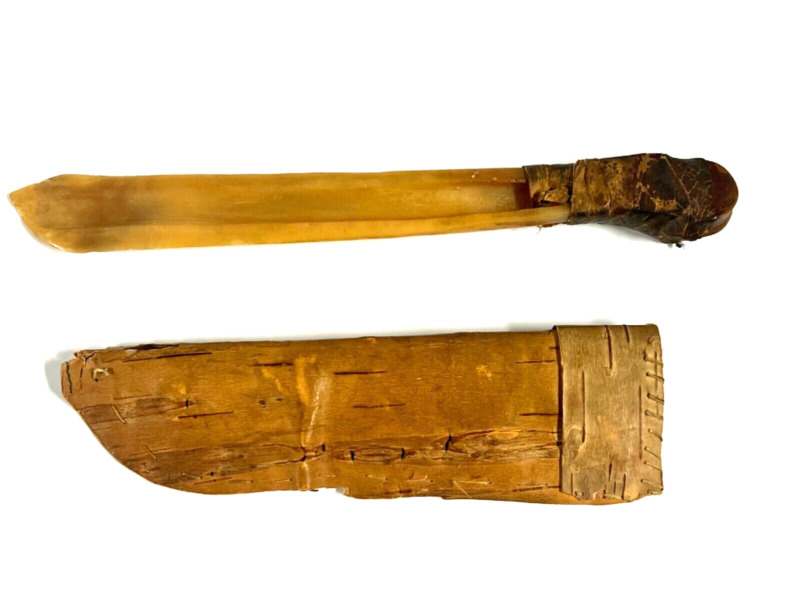 Original Native American Indian Animal Bone Knife; With Rare Birch Bark Scabbard