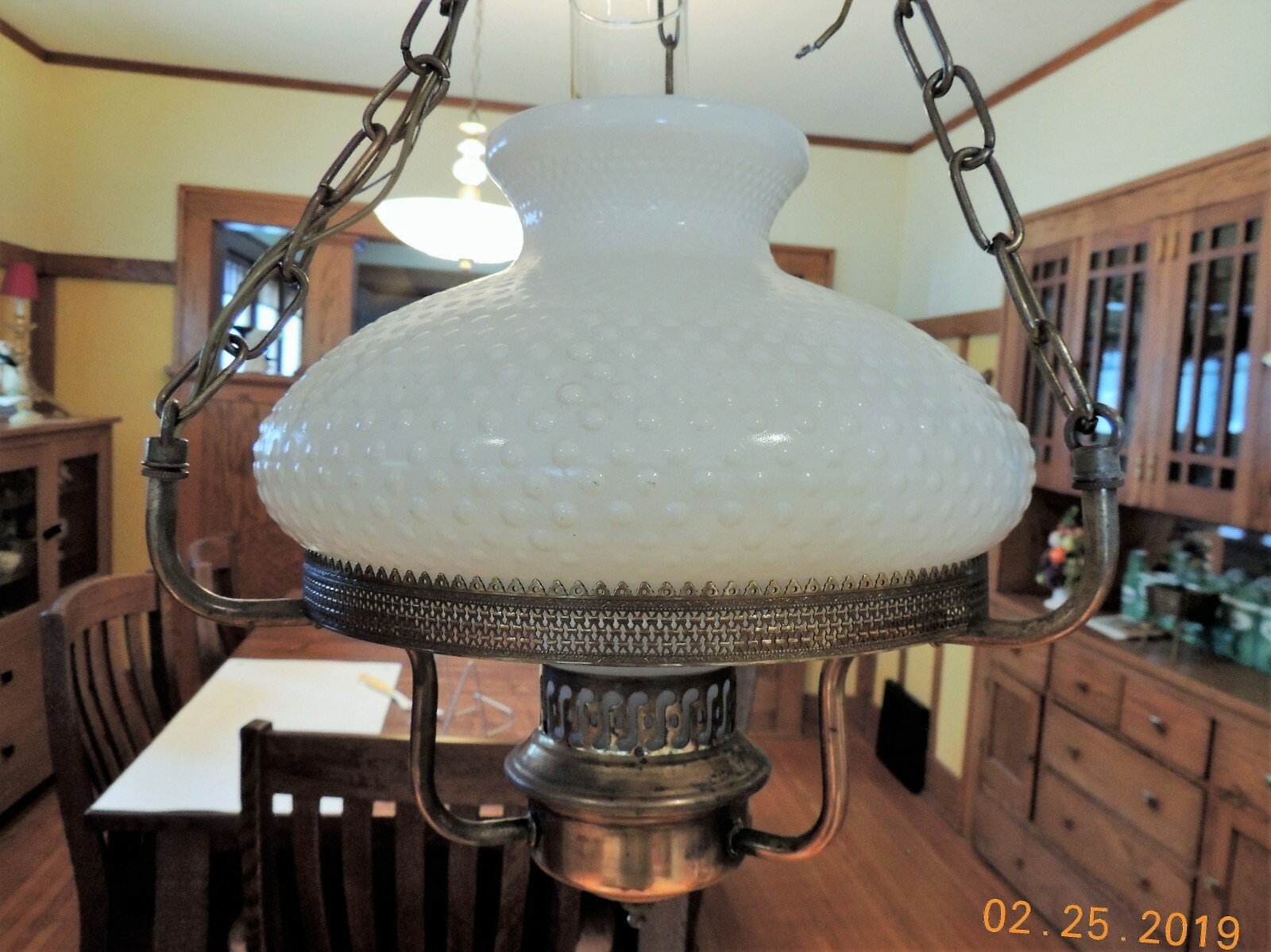 Vintage Ceiling Hanging Lamp - Large White Hobnail Glove w Metal Trim