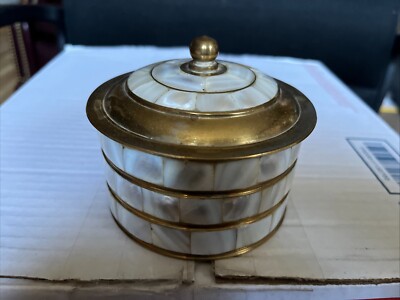 VINTAG MOTHER OF PEARL MOSAIC&BRASS T. JEWELRY BOX PRE OWNED