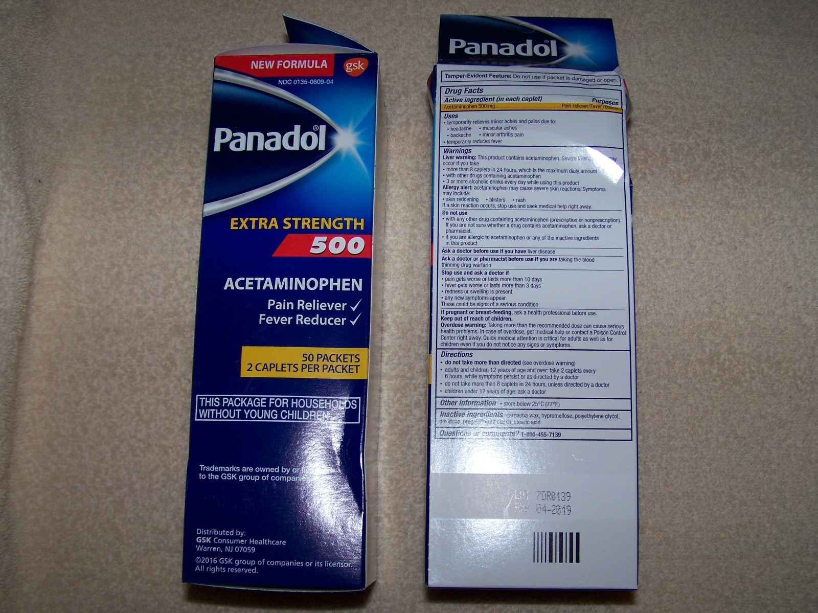 PANADOL Acetaminophen 500mg. Extra Strength 2 X 100 ct. = 200 Caplets  ***** NEW
