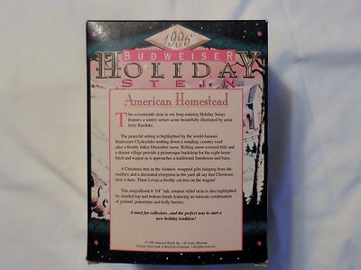 1996 Budweiser Holiday Stein featuring The Clydesdales. American Homestead   MIB