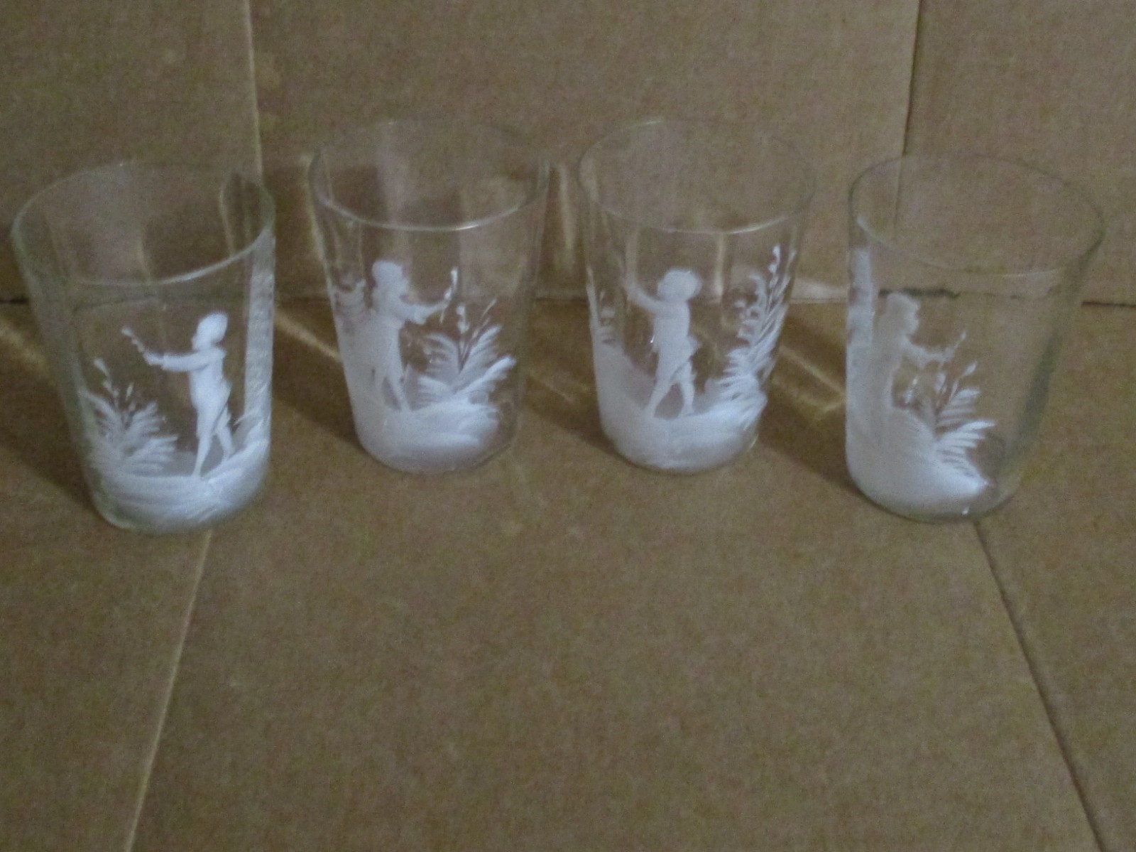 Antique Mary Gregory Glass Tumblers Etched 4 Pieces Boy and Girl Real Antique