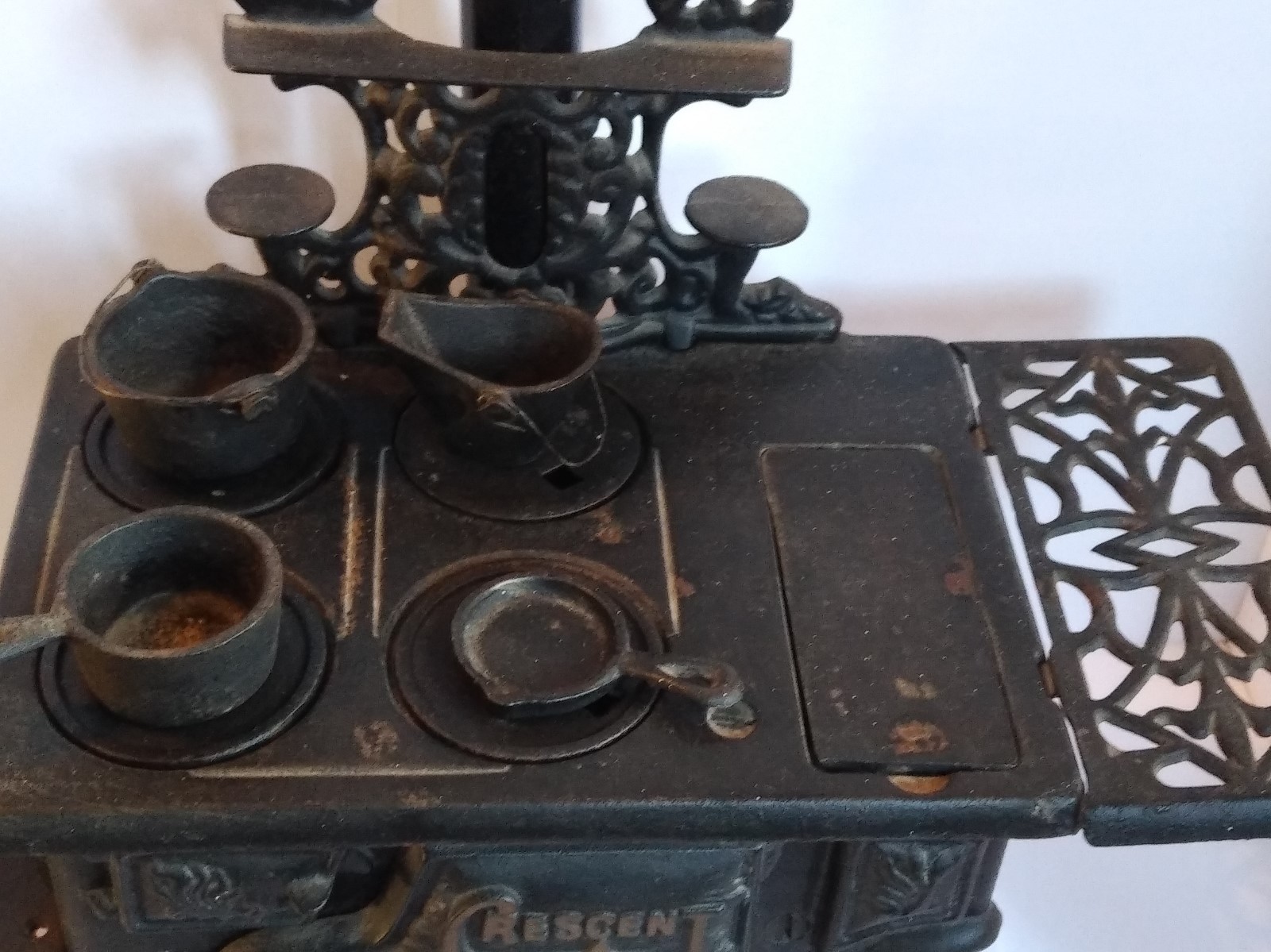 Antique Mini Cast Iron Crescent Wood Stove Toy Salesman Sample Made in USA