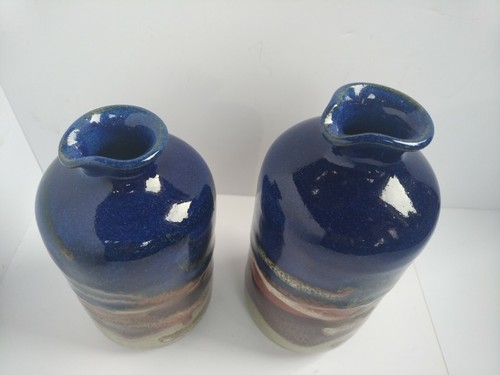 Gema Ossenbach Pottery Jug x 2 Blue & Earth Glaze Tones Jug Cruet Signed