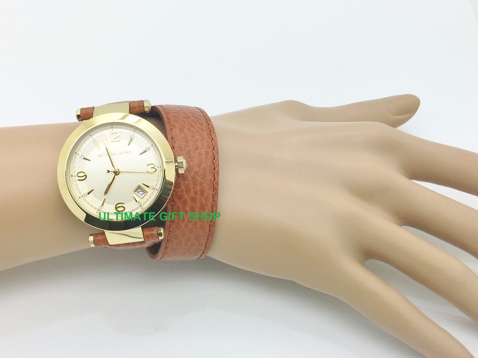 Pre-owned Michael Kors Runway Gold,brown Wrap Around Leather Band,crystal,watch Mk2295