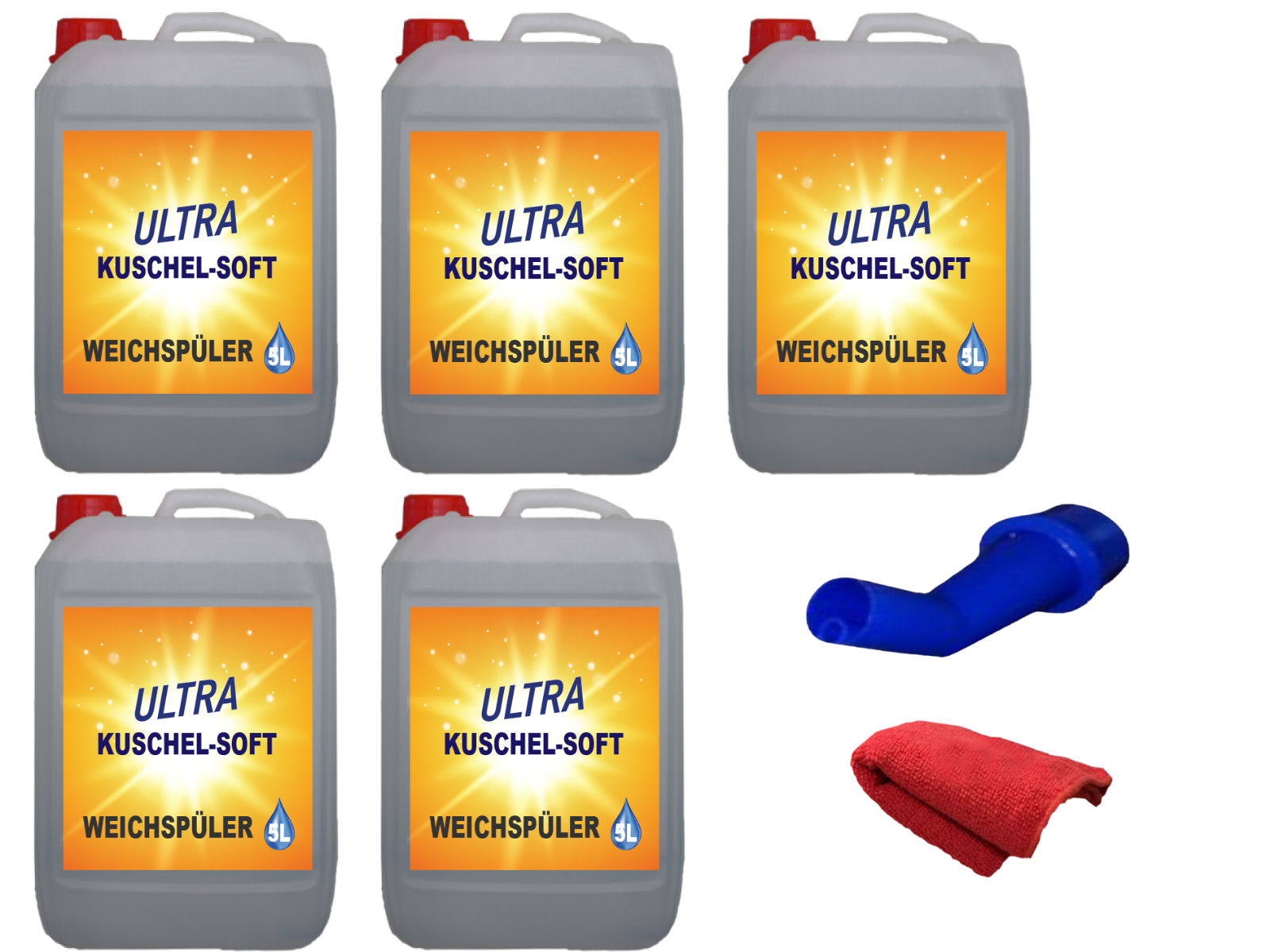 5 x 5 L Ultra Weichspüler Sensitive Kuschel Soft White mit Ausgießer & Tuch SET!