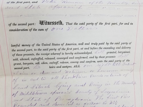 Antique Indenture Deed Ephemera 1875 Middletown Township Susquehanna County PA