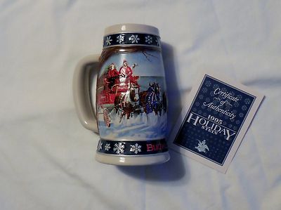 1995 Budweiser Holiday Stein featuring Clydesdales. Lighting the Way Home. MIB