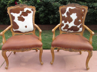 Pair Leather Cowhide Arm Chair Carved French Louis XV Style Fire