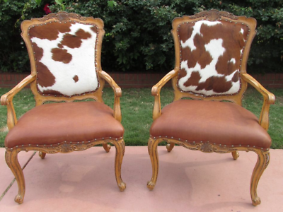 Pair Leather Cowhide Arm Chair Carved French Louis XV Style Fire Side Hyde 