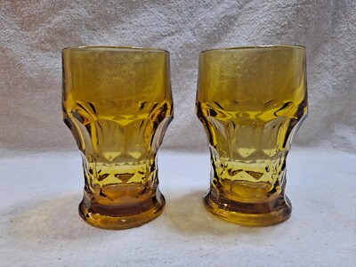 Anchor Hocking Georgian Amber 2 vtg Honey Topaz Water Tumblers Glasses 5''H