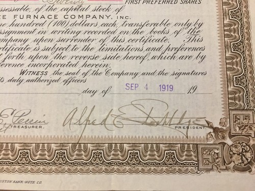 Antique 1919 Magee Furnace Company Inc Pref Stock Cert 20 Shares Massachusetts
