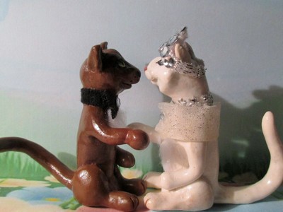 BRIDE AND GROOM CATS polymer clay unique COUPLE set pair artist miniatures mini