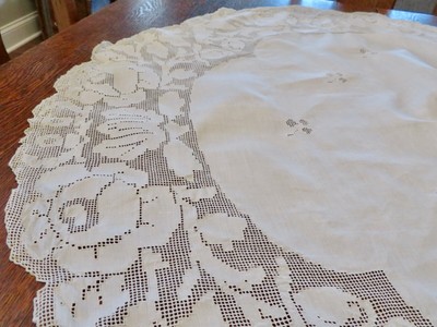 Round Lace Tablecloth Wide Ruffled Edge Off White 62 inches