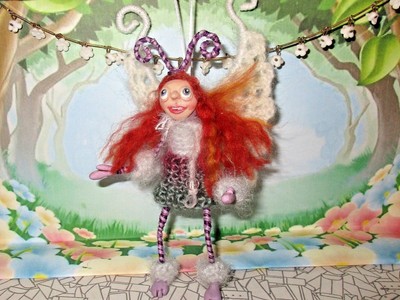 Wire Fairy Butterfly Doll Poseable Handmade crochet wings red head fabric ooak