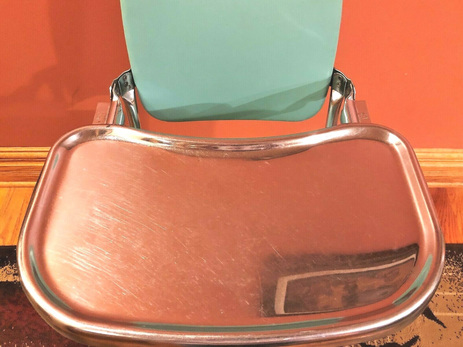 Vintage Antique TURQUOISE COSCO Baby Child's HIGH CHAIR Metal Vinyl Chrome 1950s