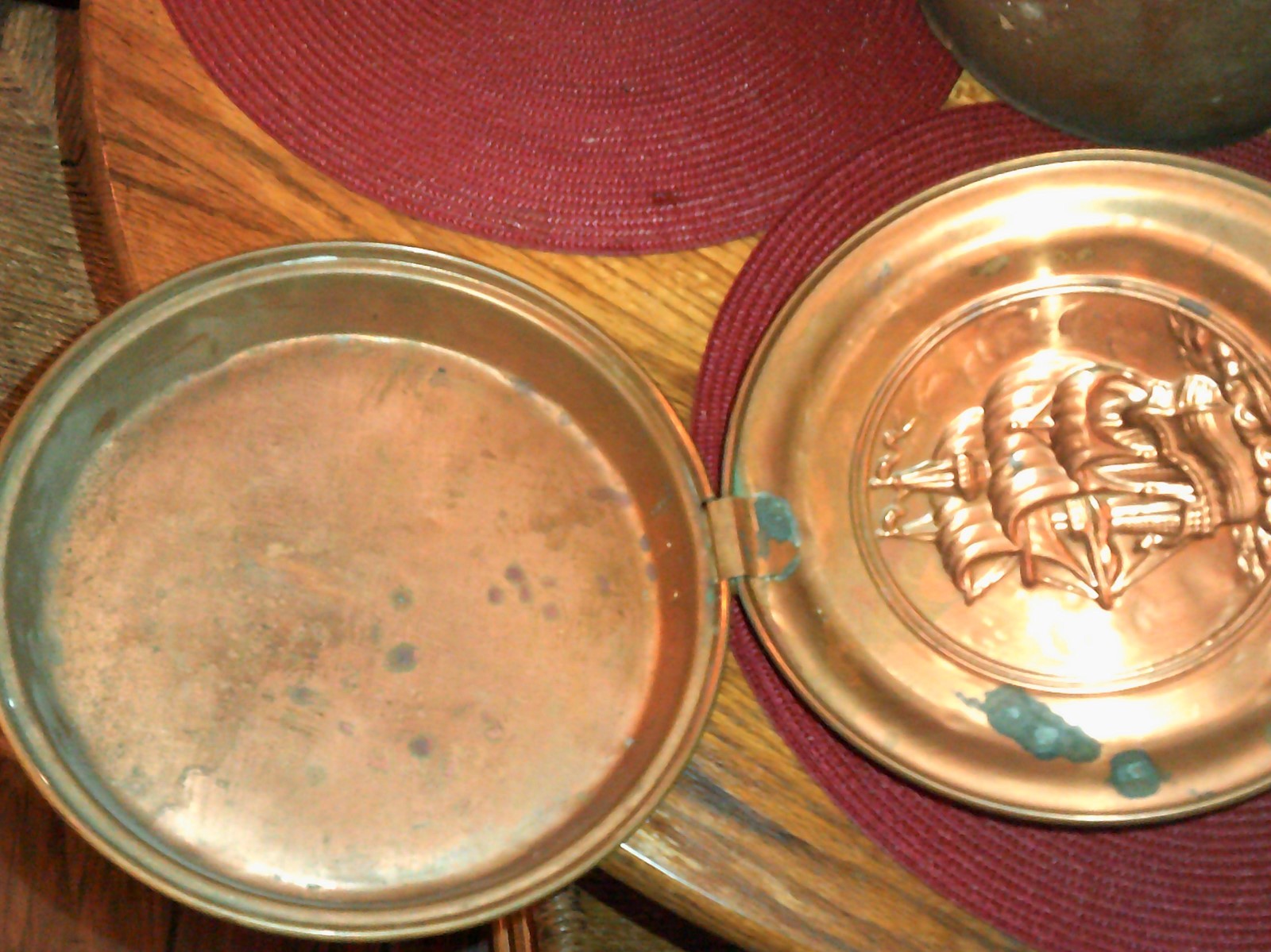 Antique VINTAGE  Copper BRASS BED WARMER with Sailing Ship on  it  