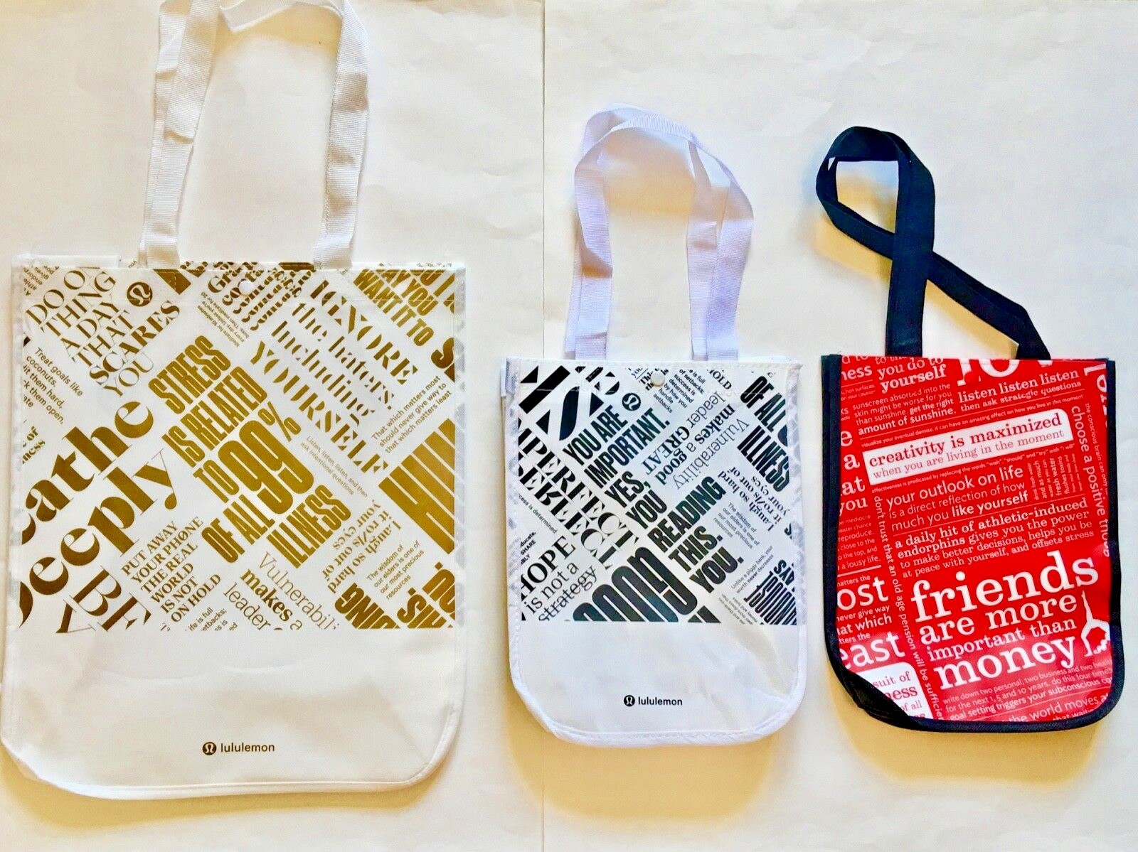 Lot of 3 NEW Lululemon Reusable Totes Shopping Bags Gold Medium Red Black Small