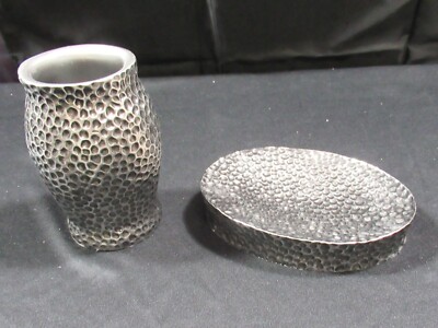 CANNON BRUSH HAMMERED FAUX METAL SOAP DISH & TUMBLER