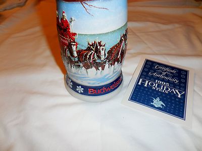 1995 Budweiser Holiday Stein featuring Clydesdales. Lighting the Way Home. MIB