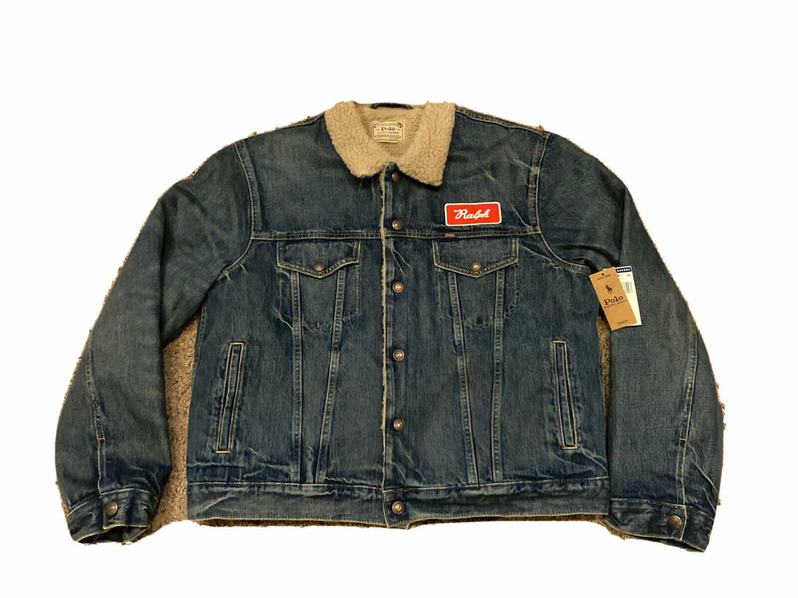 Pre-owned Polo Ralph Lauren Distressed Sherpa Fleece Denim Trucker Patch Jacket S M Xl In Blue