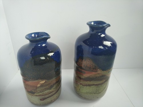 Gema Ossenbach Pottery Jug x 2 Blue & Earth Glaze Tones Jug Cruet Signed