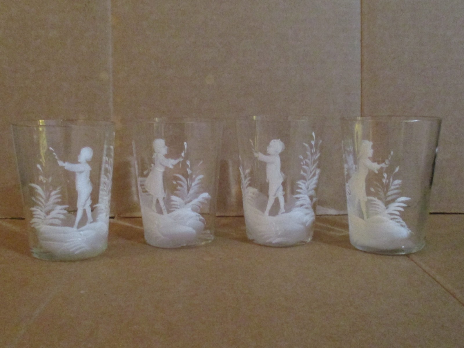 Antique Mary Gregory Glass Tumblers Etched 4 Pieces Boy and Girl Real Antique