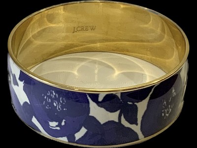 J. Crew Bracelet Deep Blue Enamel Roses Flowers Bangle Gold Tone Y2K Wide SZ  8