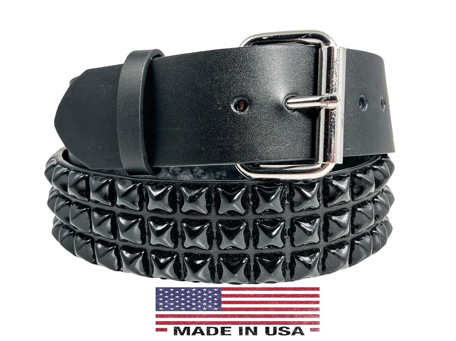 Black Pyramid Stud Belt Genuine Leather Three Row Rock Goth Black Pyramid Stud Belt Genuine Leather Three Row Rock Goth