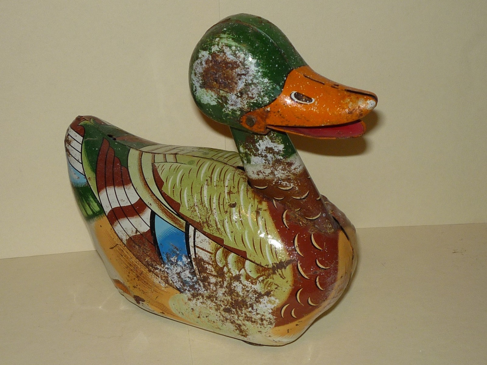 Vintage Large Lithographed Tin Friction Toy Duck Made in Japan