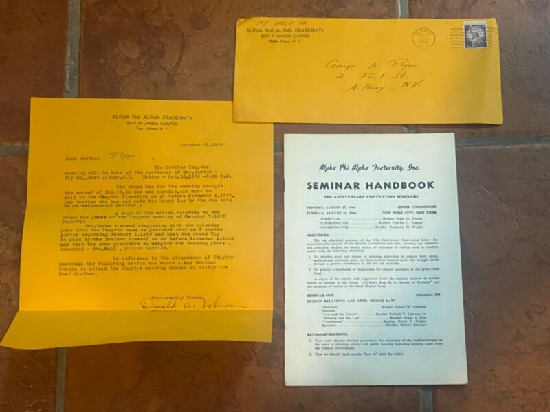 1956 Alpha Phi Alpha Letter & Envelope & 1964 58th Convention Seminar Handbook