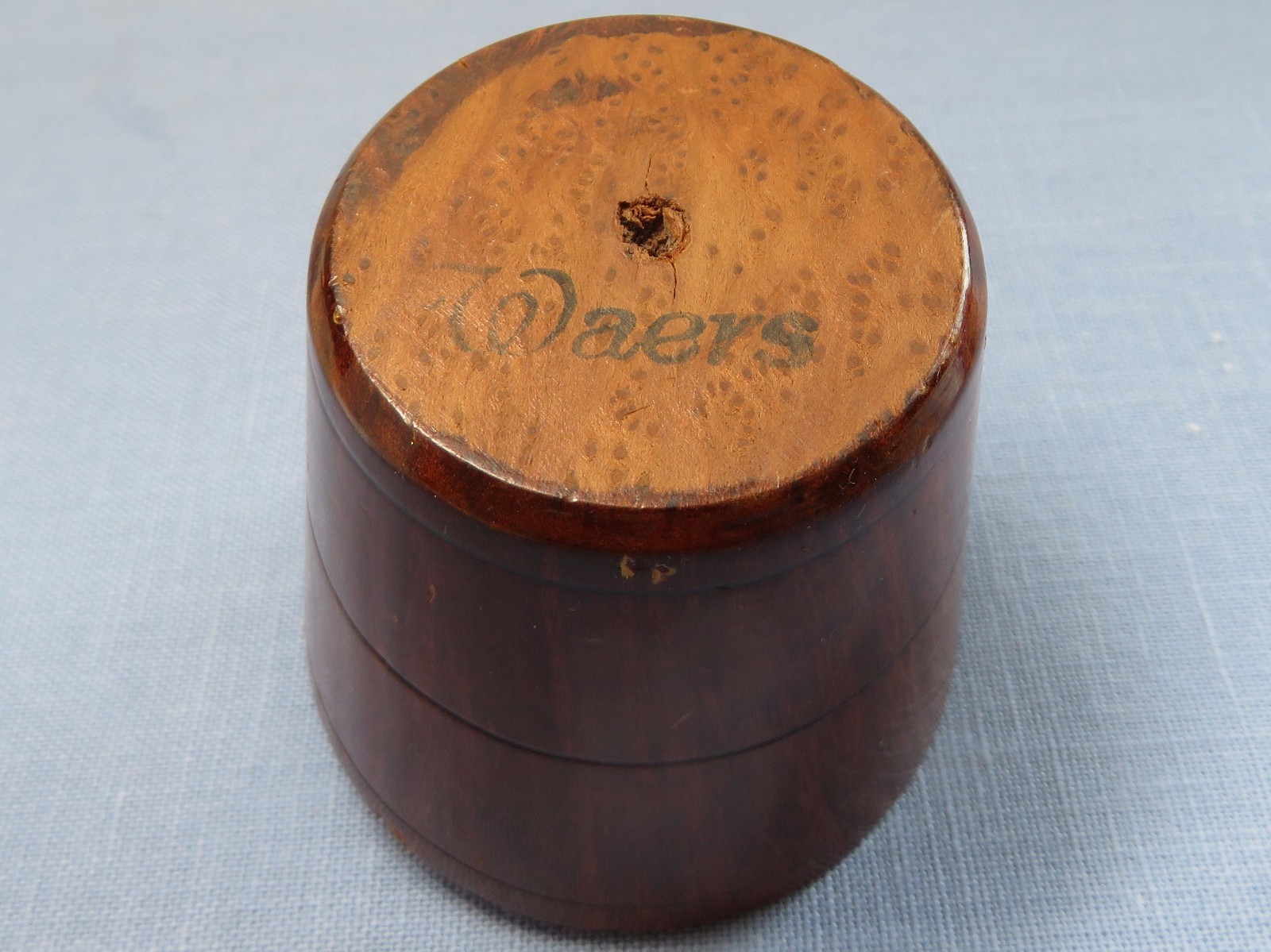 Antique Treen Sewing Velvet Pin Cushion in Wooden Bucket Marked Waers